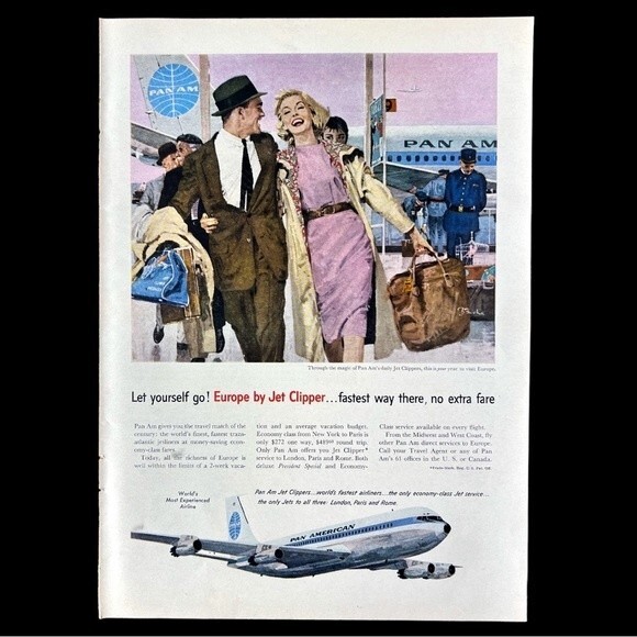 1950's PAN-AM “Europe By Jet Clipper” Vintage Print Ad Advertisement Airplane - Picture 1 of 9